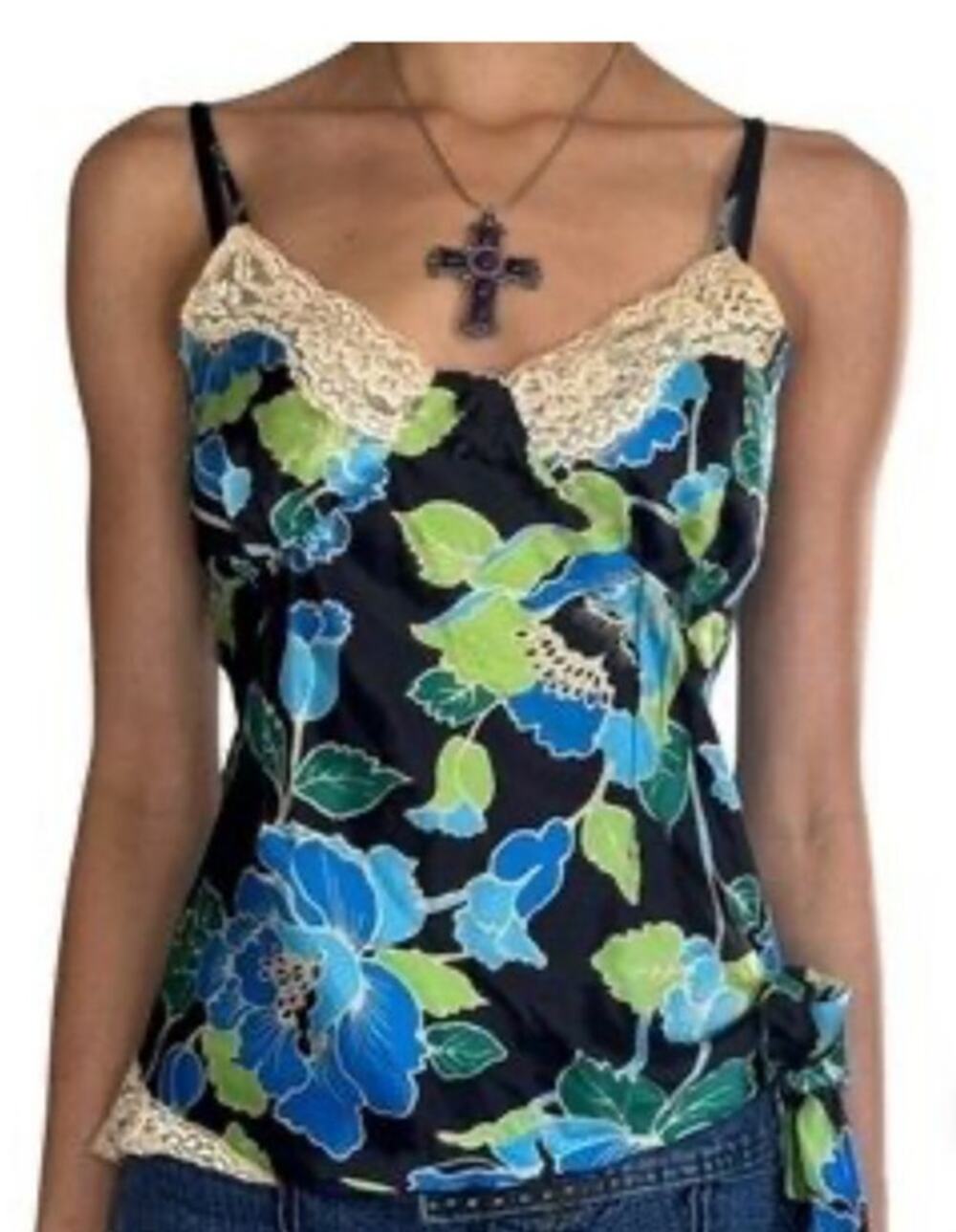 Y2K MIXIT Blue Floral Lace Trim Babydoll Cami Top 2000s Goth Plus 1X